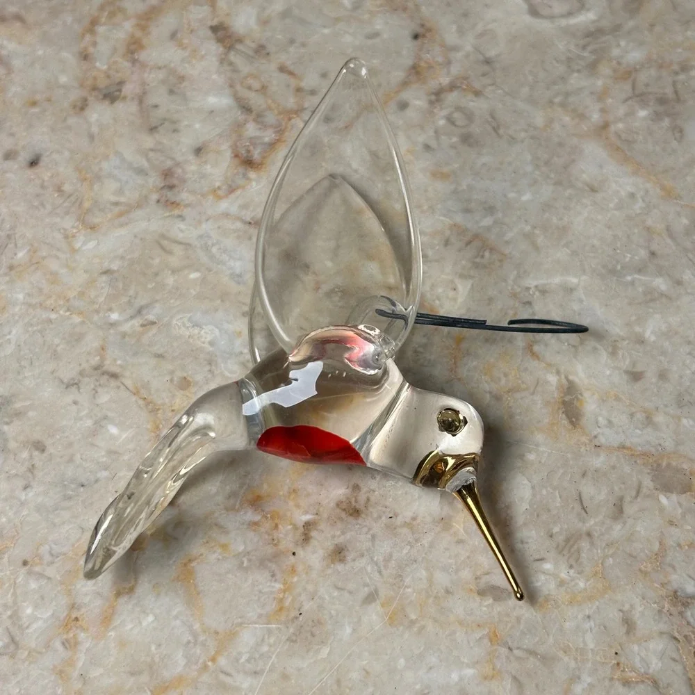 Hand‎ Blown Glass Hummingbird Ornament Clear Red Gold 3 Inch Art Glass